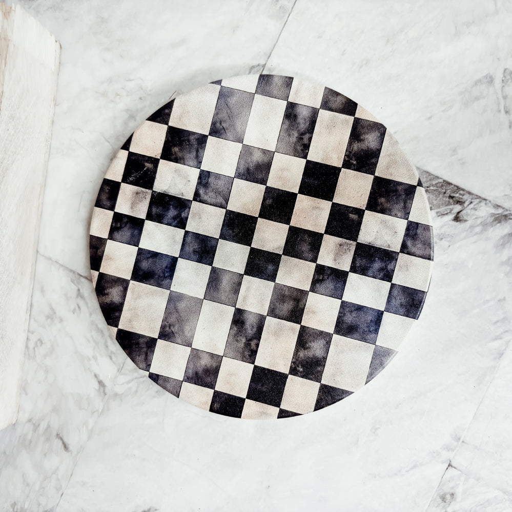 luxury courtly check coasters ceramic black white gingham checkered pattern floral design cork backing set
